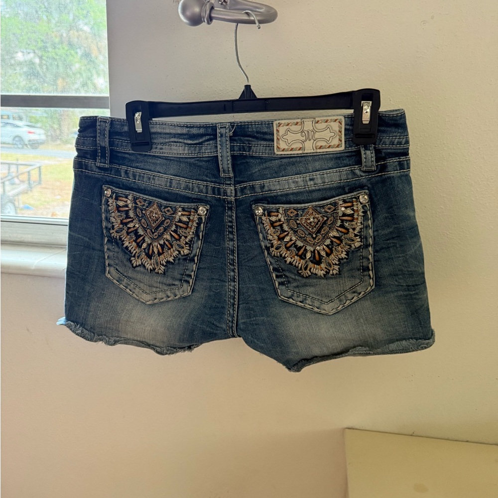 Miss Me Faded Blue Denim Shorts with Silver Buttons